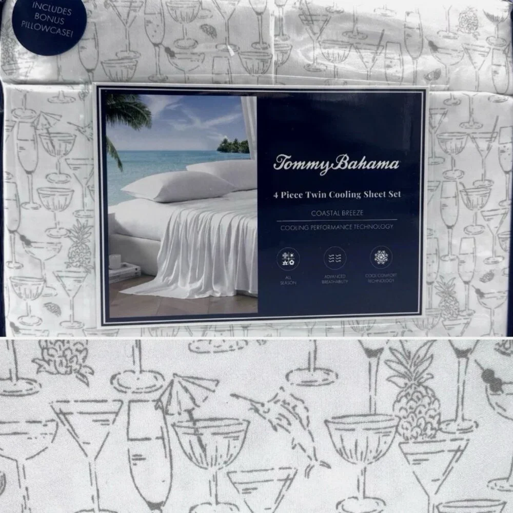 NEW 4pc Tommy Bahama TWIN Sheet Set Cooling Island Time Tropical Cocktail Drinks